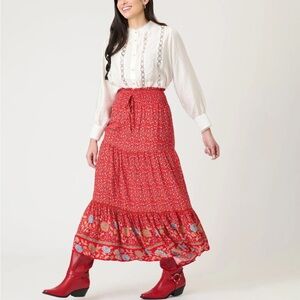 Boho Floral Red Maxi Skirt
